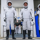 NASA’s SpaceX Crew-4 astronauts, from left, Jessica Watson, Bob Hines, and Kjell Lindgren, and ESA astronaut Samantha Cristoforetti stand outside Kennedy Space Center’s Neil Armstrong Operations and Checkout Building during a dry dress rehearsal on April 20, 2022.